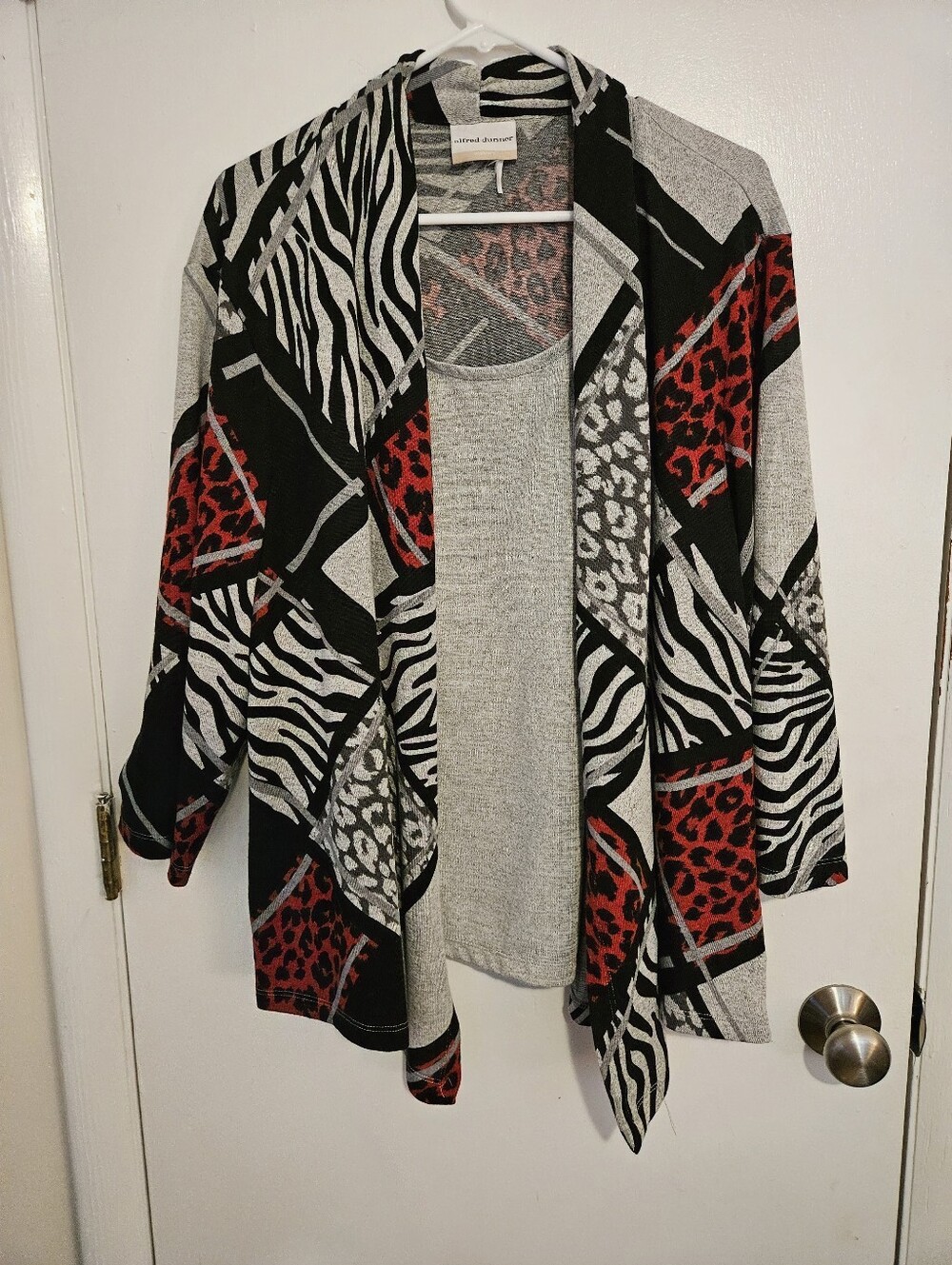 Alfred Dunner Red, Black & Gray Patchwork Animal Print Cardigan